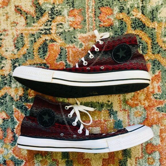 CONVERSE Red Black Gray SW Blanket Weave High Hi Top Shoes Men's 12 Women's 14 T - Picture 5 of 9